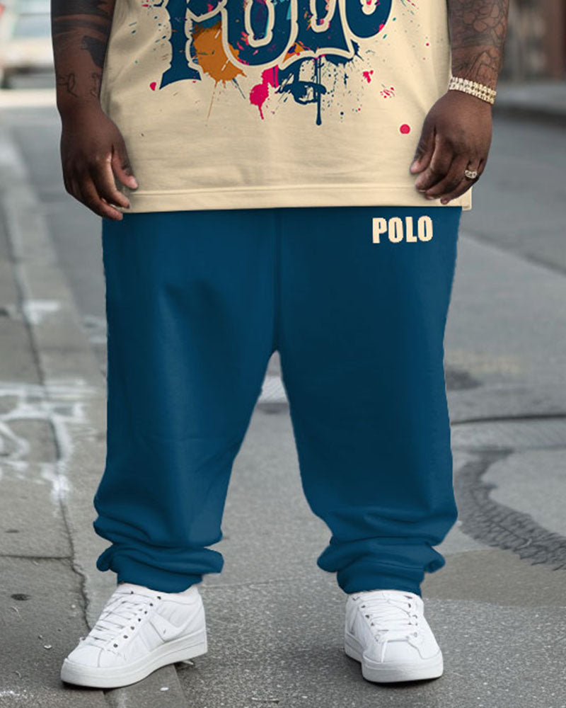 Men's Big and Tall Street Fashion Polo Letter Khaki Knight Print T-Shirt Trousers Set