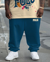Men's Big and Tall Street Fashion Polo Letter Khaki Knight Print T-Shirt Trousers Set