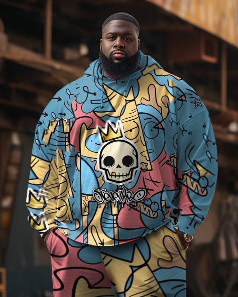 Men's Large Size Tracksuit Skull Graffiti Hoodie and Pants Set