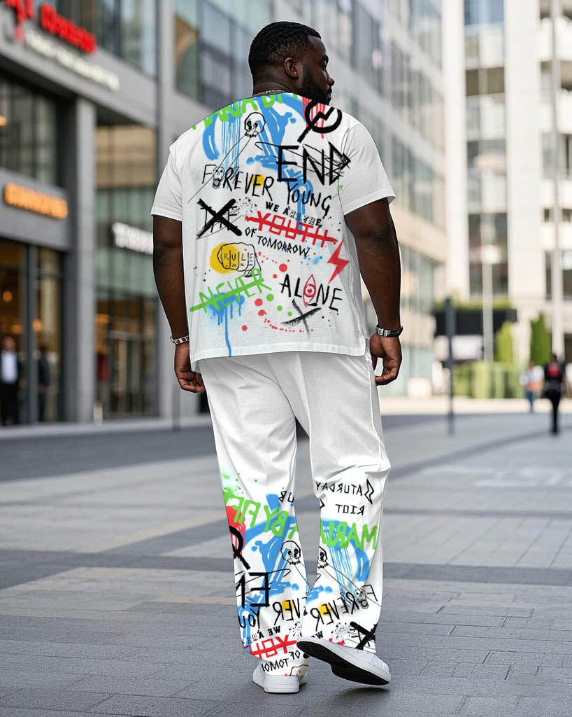 Men's Plus Size White & Street Graffiti Print Short Sleeve T-Shirt Trousers Suit