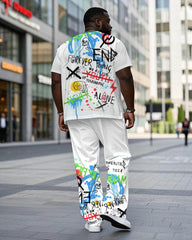 Men's Plus Size White & Street Graffiti Print Short Sleeve T-Shirt Trousers Suit