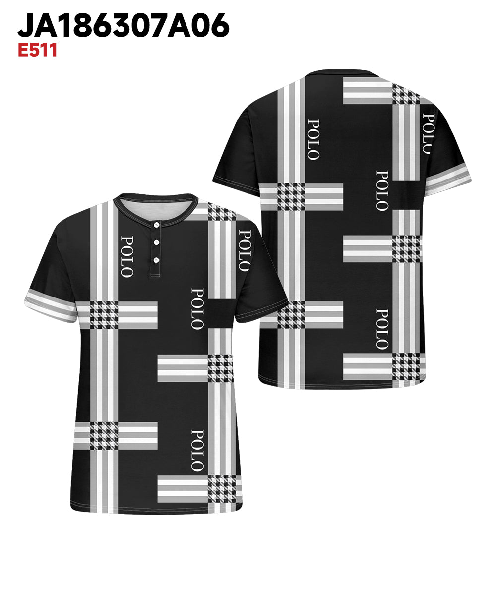 Men's Plus Size Daily Casual Black Striped Alphabet Print Henry Collar Button Short Sleeve T-Shirt