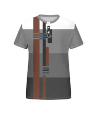 Men's Plus Size Gray Striped Geometric Print Henry Collar Button Short Sleeve T-shirt