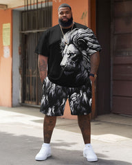 Men's Plus Size Street Casual Black And White Art Lion Print T-Shirt Shorts Set