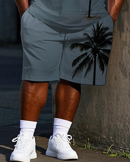 Big Men's Hawaiians Gradient Simple Cartoon Coconut Tree Printed Casual Short Sleeve T-shirt Shorts Set