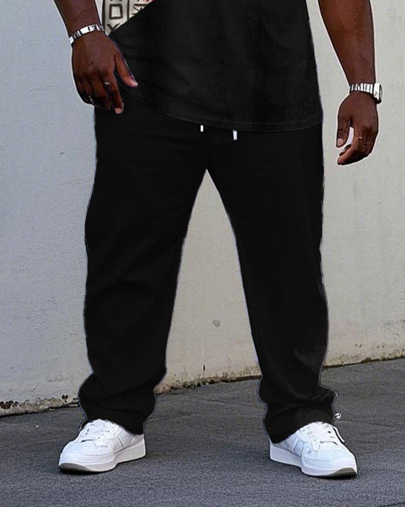 Men's Plus Size Black & Khaki Colorblock King Chest Print Short Sleeve T-Shirt Trousers Suit