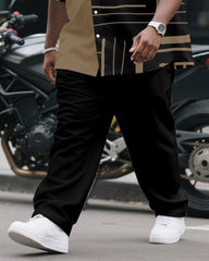 Men's Plus Size Business Khaki Black Geometric Color Block Print Short Sleeve Shirt Trousers Suit