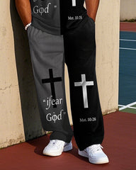 Men's Streetwear Splicing Style Cross Printed Big & Tall Short Sleeve T-shirt Pants 2-Piece Set