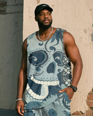 Big & Tall Men's Blue Denim Skull Print Vest Shorts Suit