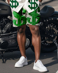 Big Man's Street Biker Style Green My World Creative Dollar Print White Short Sleeve Shirt Shorts Suit