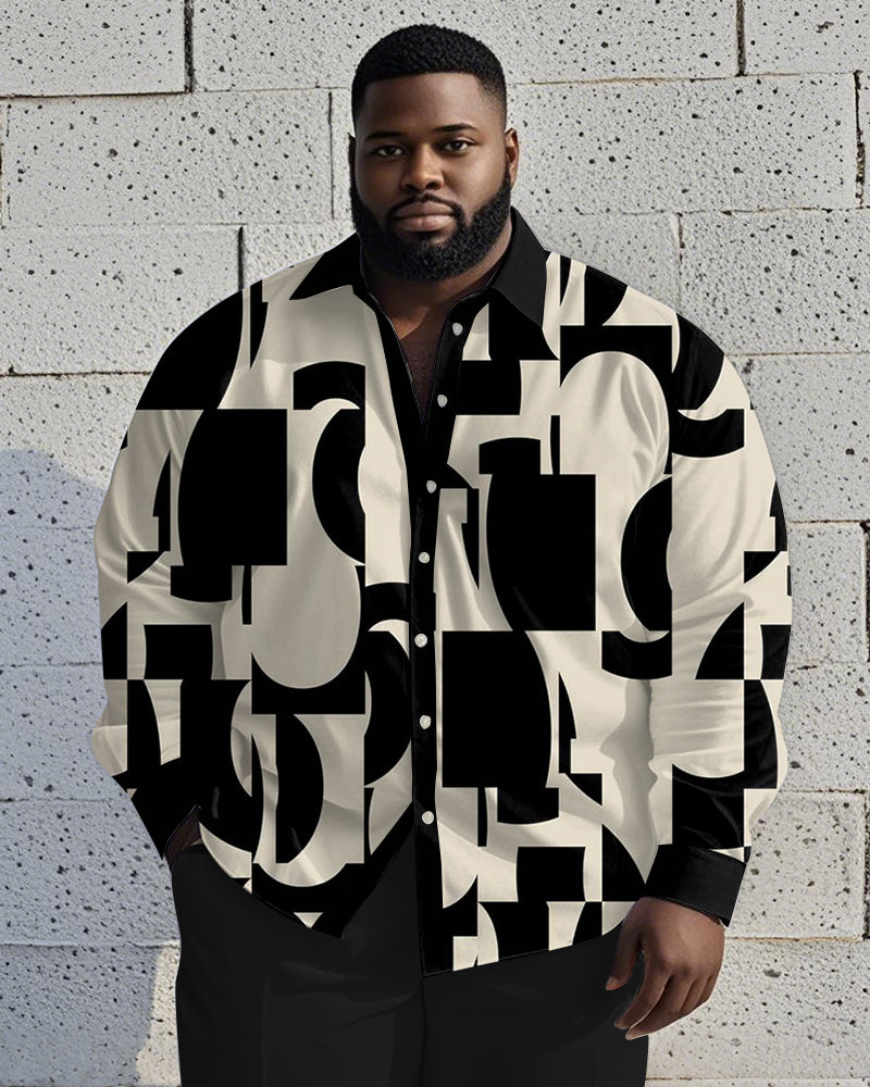 Men's Plus Size Business Khaki Color Block Geometric Print Long Sleeve Shirt