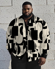 Men's Plus Size Business Khaki Color Block Geometric Print Long Sleeve Shirt