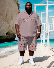 Big and Tall Simple Fashion Men's Splicing Stripe Small Floral Printed Short Sleeve Shirt Shorts Set