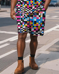 Big & Tall Men's Colorful Pixel Colorblock Printed Short Sleeve Polo Shirt Shorts Suit