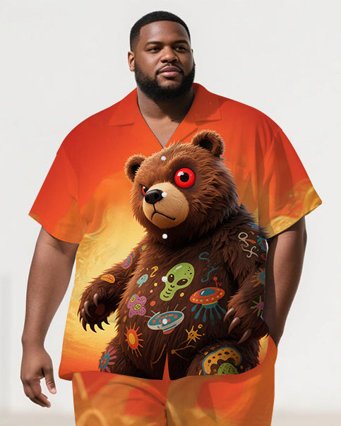 Big Men's Cute Bear Fashion Gradient Style Casual 2-Piece Short Sleeve Shirt Pants Set