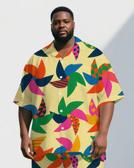 Big Men's Cartoon World Windmill Printed Casual Outdoor Short-Sleeve Shirt Pants Sets