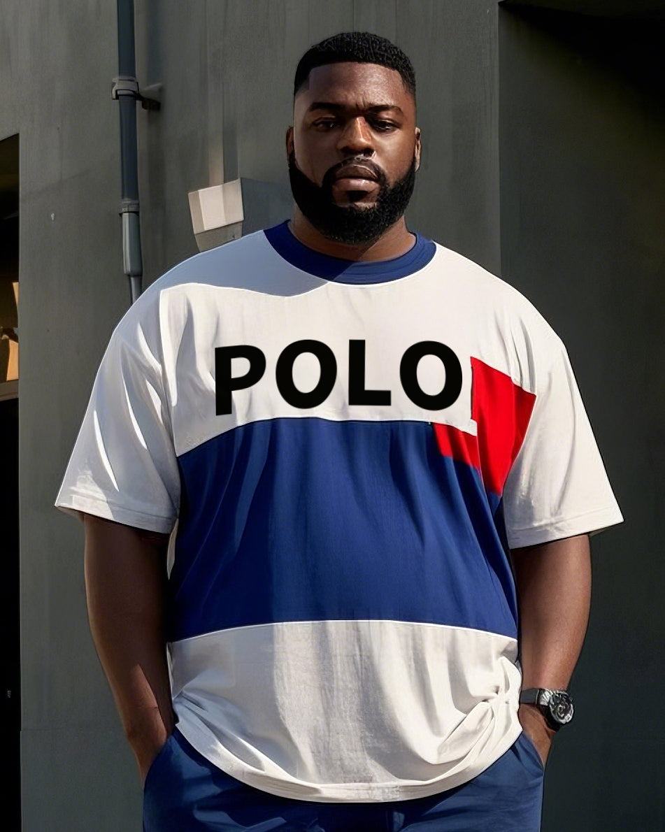 Plus Size Men's Simple Blue And Red Striped POLO Letter Printing Casual Short Sleeve T-shirt Pants Suit