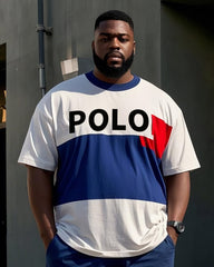 Plus Size Men's Simple Blue And Red Striped POLO Letter Printing Casual Short Sleeve T-shirt Pants Suit