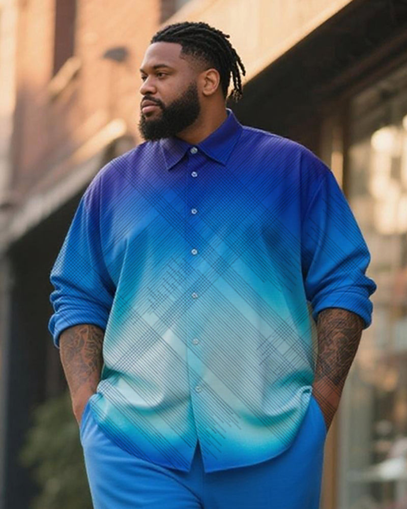 Big & Tall Men's Business Gradient Blue Check Print Long Sleeve Shirt Trousers Suit