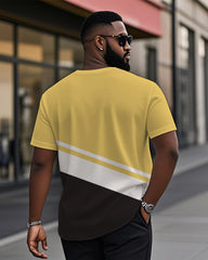 Men's Plus Size Daily Casual Yellow White Black Striped Letter Print Henry Collar Button Short Sleeve T-Shirt
