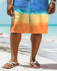 Big and Tall Guys Hawaiian Gradient Coconut Tree Print Shirt Shorts Set