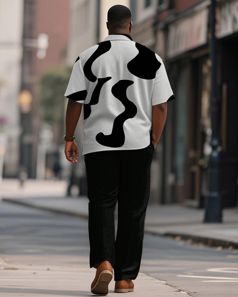 Men's Plus Size Simple Black And White Geometric Printing Short Sleeve Shirt Trousers Suit