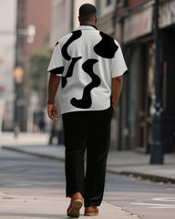 Men's Plus Size Simple Black And White Geometric Printing Short Sleeve Shirt Trousers Suit