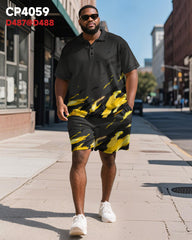 Big & Tall Men's Business Black Stroke Graffiti Print Short Sleeve Polo Shirt Shorts Suit