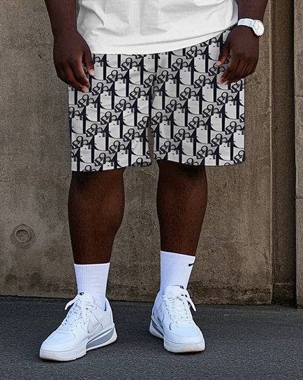 Big Men's Regular Geometric Pattern Letter Printed Short Sleeve Polo Shirt Shorts Set