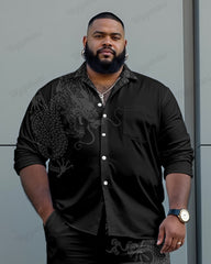 Chest Pocket Dragon Jacquard Long Sleeve Lapel Shirt 2-Piece Set Men's Plus Size