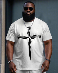 Big Men's Simple Artistic Cross Printed Casual Short Sleeve T-Shirt and Shorts Set