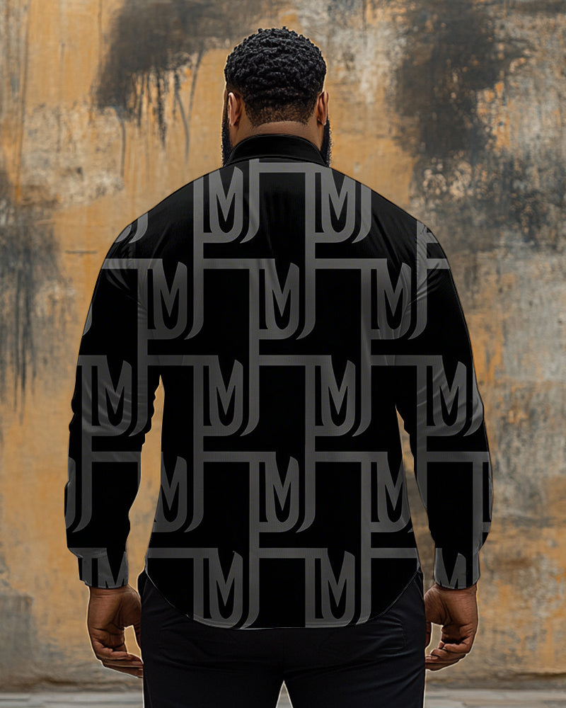 Men's Plus Size Business Black Gray Geometric M Print Long Sleeve Shirt