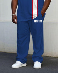 Men's Plus Size Casual Blue & White Colorblock Small Label Printed Short-sleeved T-shirt Trousers Suit