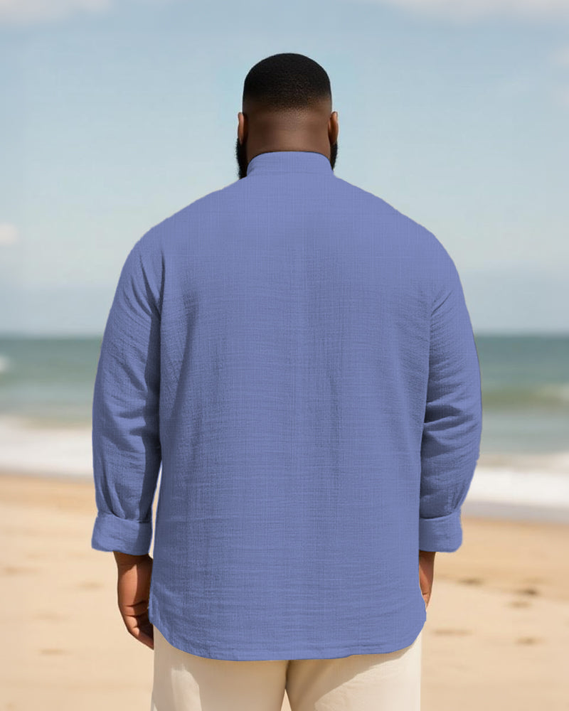 Big & Tall Men's Daily Solid Color Bamboo Hemp Texture Stand Collar Long Sleeve Shirt