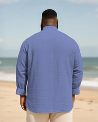 Big & Tall Men's Daily Solid Color Bamboo Hemp Texture Stand Collar Long Sleeve Shirt
