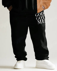 Men's Black & Orange GOD GOT ME Letter Big & Tall Crewneck Sweatshirt Set