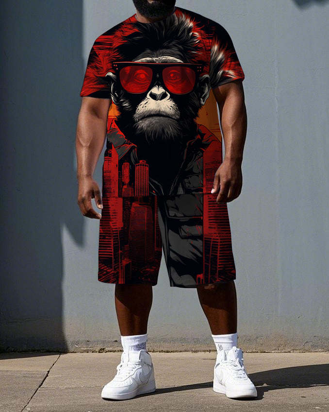 Big & Tall Men's Gorillas in City Printed Summer Short Sleeve T-shirt and Short Set