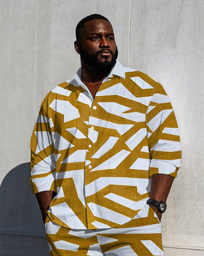 Big Men's Classic Geometric Yellow Branch Printed Casual Long Sleeve Shirt Pants Set
