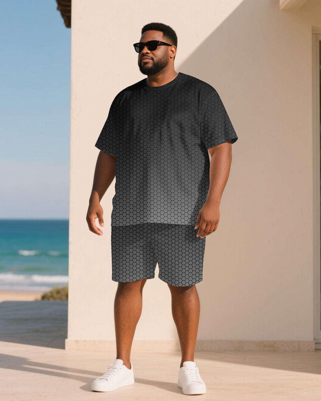 Big & Tall Men Black & Grey Gradient Honeycomb Jacquard Crewneck Short Sleeve T-Shirt Shorts Suit
