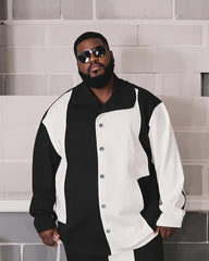 Men's Plus Size Black And White Colorblock Printed Long Sleeve Shirt Trousers Suit