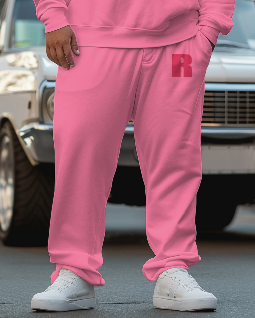 Men's Plus Size Simple All-Match Same Color Pink Sweatshirt Two-Piece Set