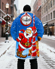 Big & Tall Men's Blue Background Santa Claus Clock Print Velvet Thickened Long Hooded Coat