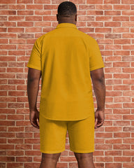 Big & Tall Men's Music Pattern Printed Yellow Short Sleeve Shirt Shorts Set