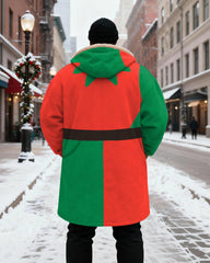 Big & Tall Men's Red And Green Christmas Elves Printed Velvet Thickened Long Hooded Coat