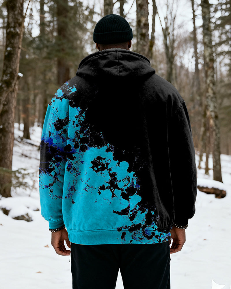 Big & Tall Men's Black And Blue Splash Ink Printed Velvet Thickened Zipper Hoodie