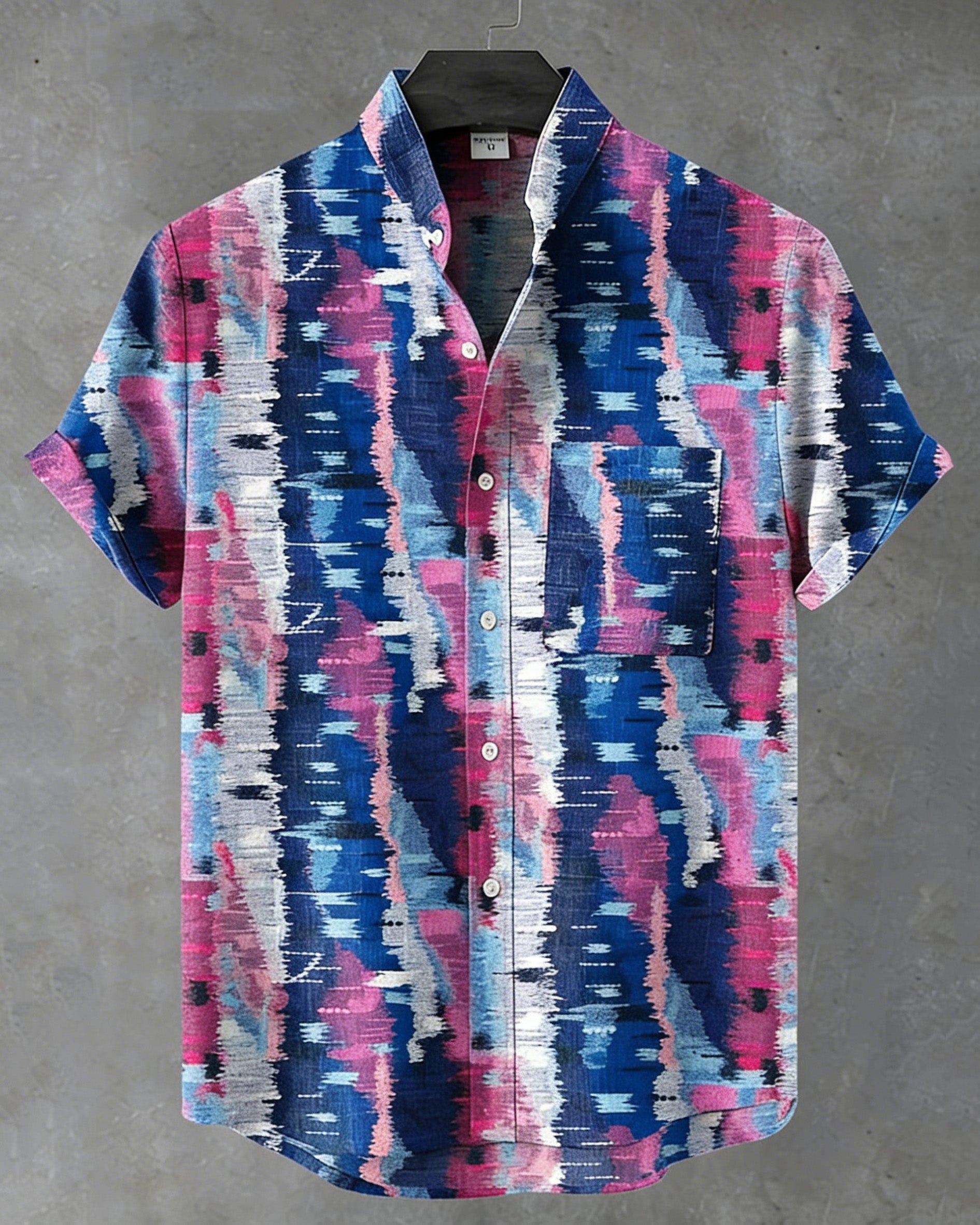 Big & Tall Men's Contrasting Colors and Irregular Textures Print Henry Collar Short Sleeve Shirt