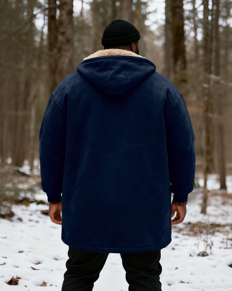 Big & Tall Men's Hunting Style Bull Totem Print Velvet Thickened Long Hooded Coat