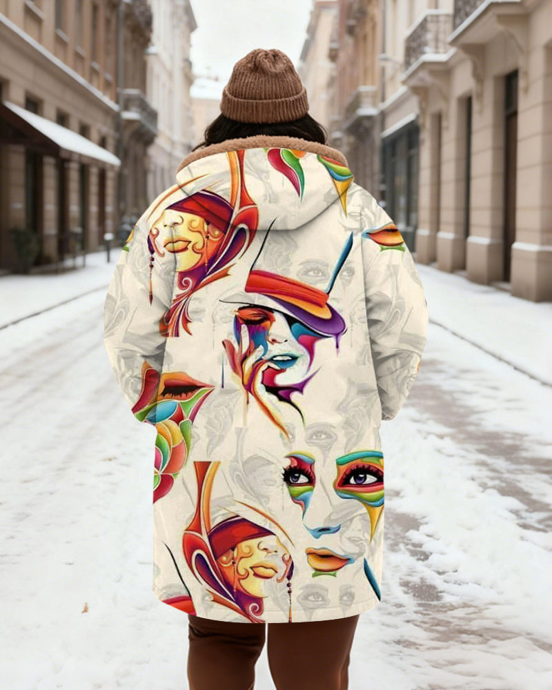 Women's Rice White Color Women's Face Art Printed Velvet Thickened Long Hooded Coat