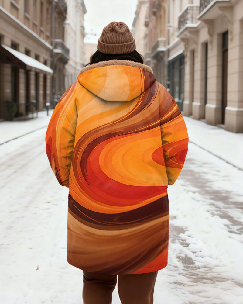 Women's Yellow Orange Brown Gradient Wave Dot Print Velvet Thickened Long Hooded Coat