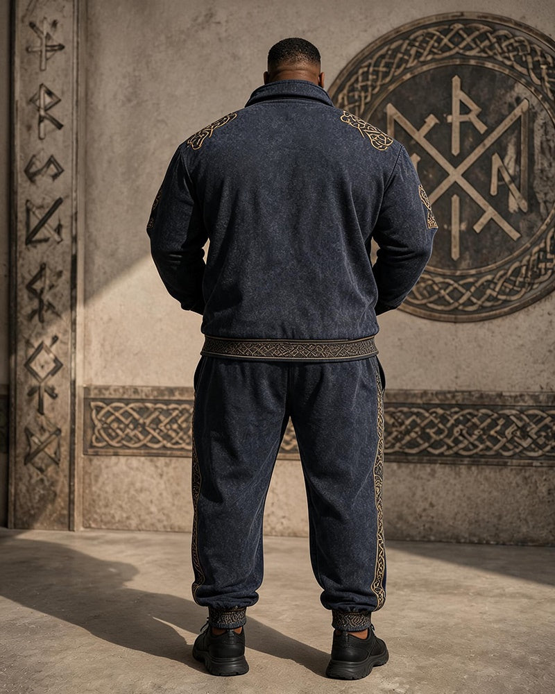 Big & Tall Men's Viking Wolf Head Rune Print Half Zip Sweat Set
